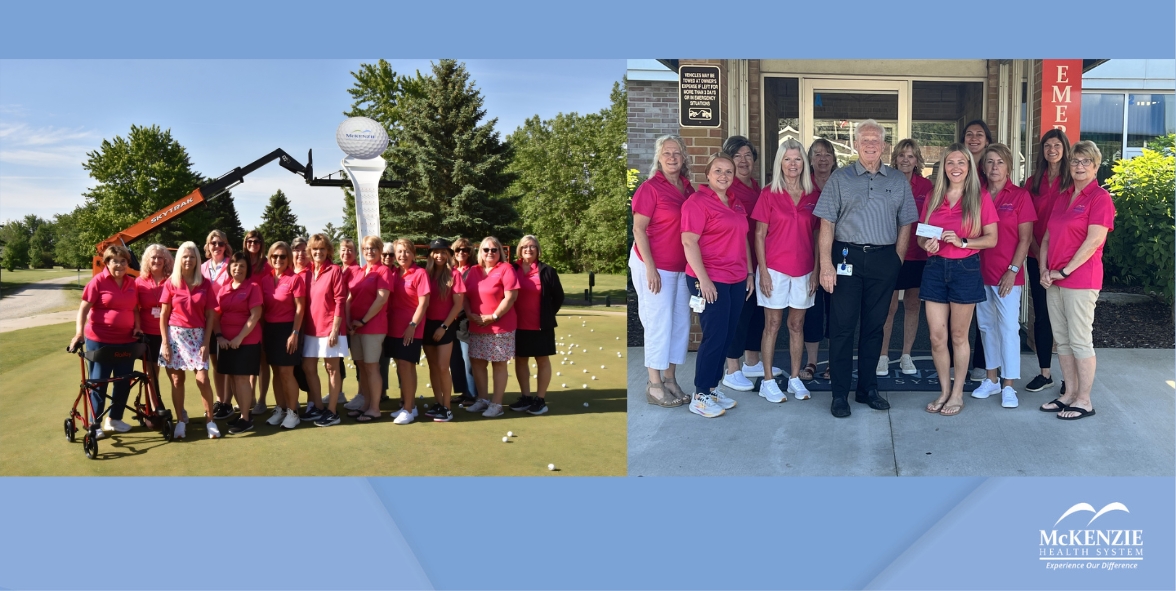 Photos: 2026 Golf Scramble (l to r): Auxiliary members Donna Foster; Nina Barnett, McKenzie Auxiliary Liaison; Sherry Ulrich, Kristy Bender; Merrily Loding; Lynn Fuller; Phyllis Chambers; Mary Sweet; Shari Phipps; Jo Derr; Carol Mitchell; Karen Guibord; Emma Navarro, Co-President; Kelsey Loding, Co-President; Nancy Kaufman; Erny Doerr; and Margaret Rhead.  Auxiliary 2026 Donation (l to r): Nina Barnett, Auxiliary Liaison; Morgan Fraley; Mary Sweet; Sherry Ulrich; Jo Derr; Steve Barnett, McKenzie President & CEO, Shari Phipps, Kelsey Loding, Auxiliary Co-President; Brigette Fiedler; Emma Navarro, Auxiliary Co-President; Lynn Fuller; and Carol Mitchell.